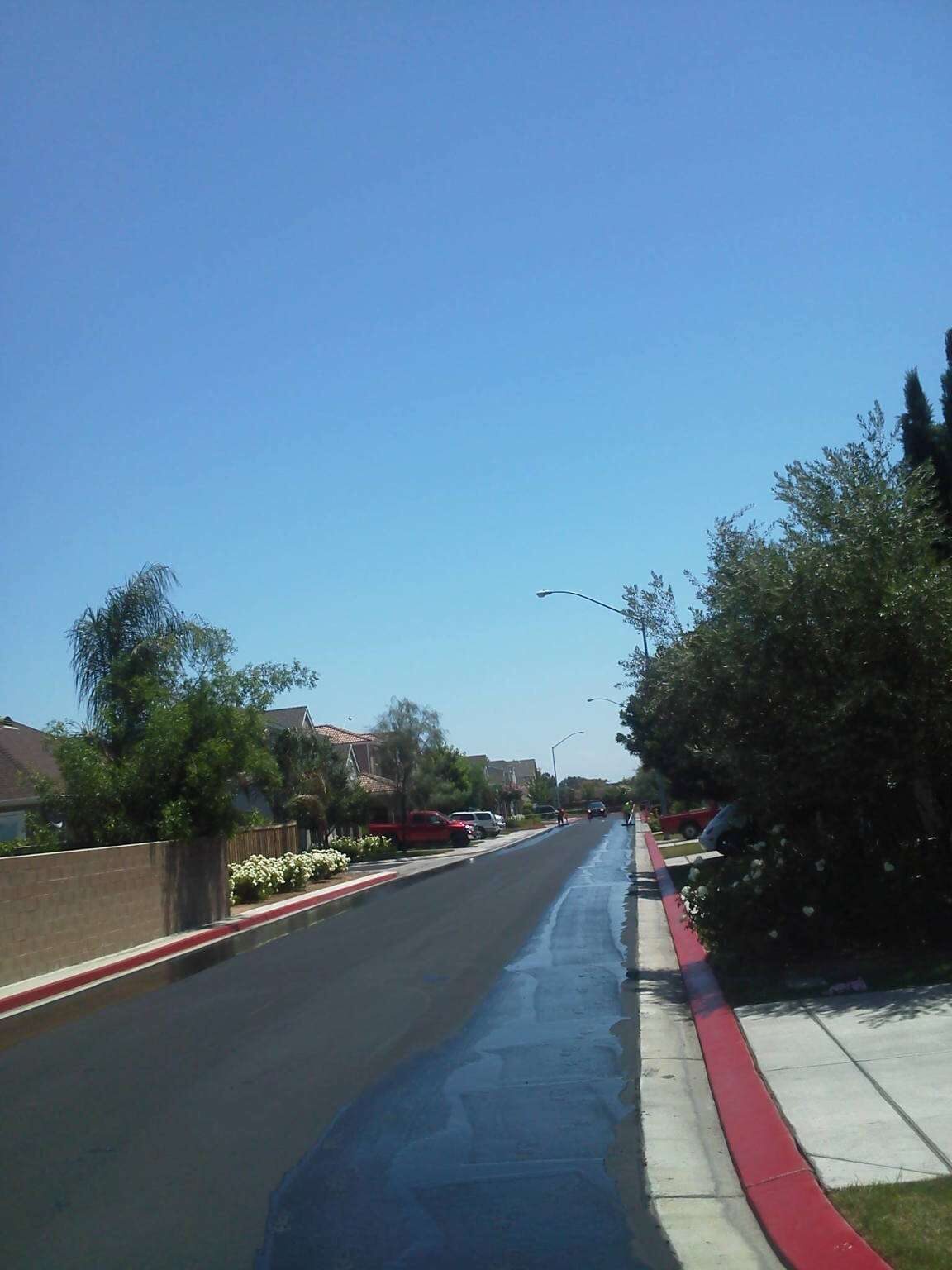 Neighborhood street freshly sealed, red curbs cut clean.